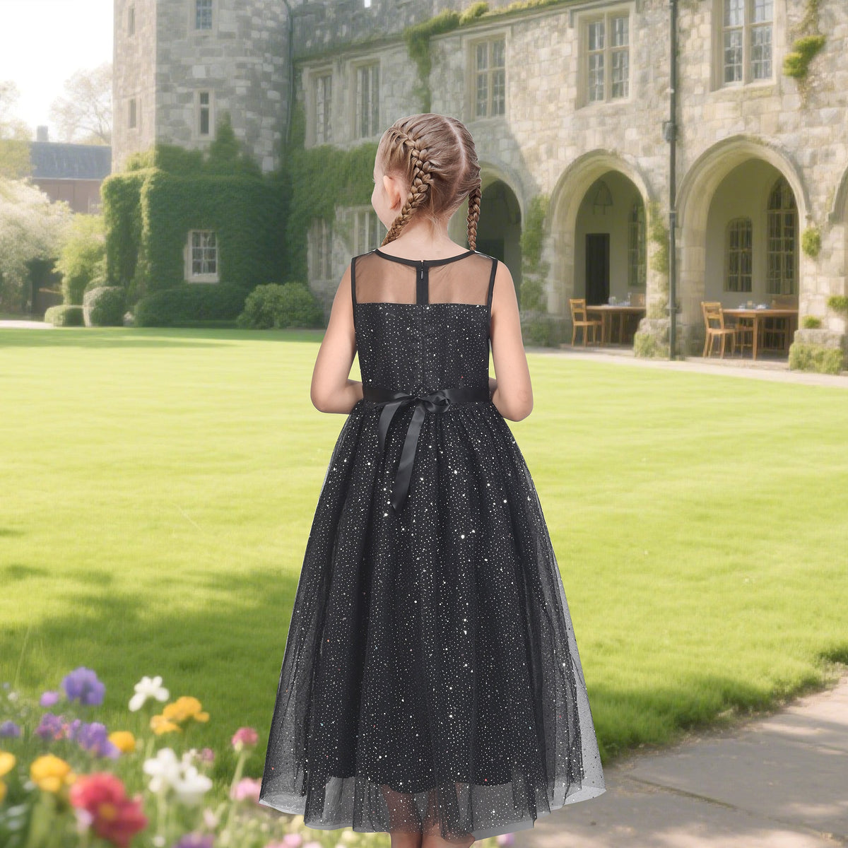 Girls Dress Green Lace Tulle Gradient Skirt Shiny Star Sleeveless - Black