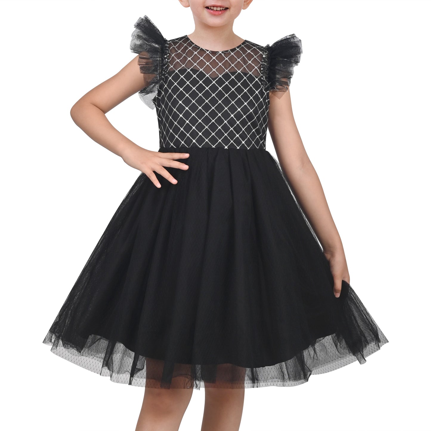Girls Dress White Lace Mesh Diamond Pearl Flying Sleeve Formal Wedding Black
