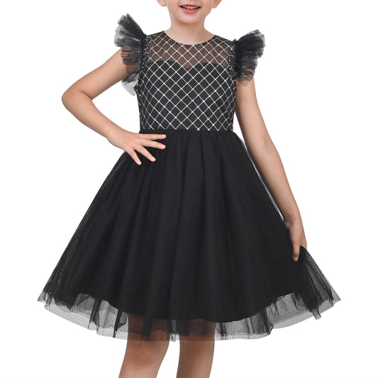 Girls Dress White Lace Mesh Diamond Pearl Flying Sleeve Formal Wedding Black
