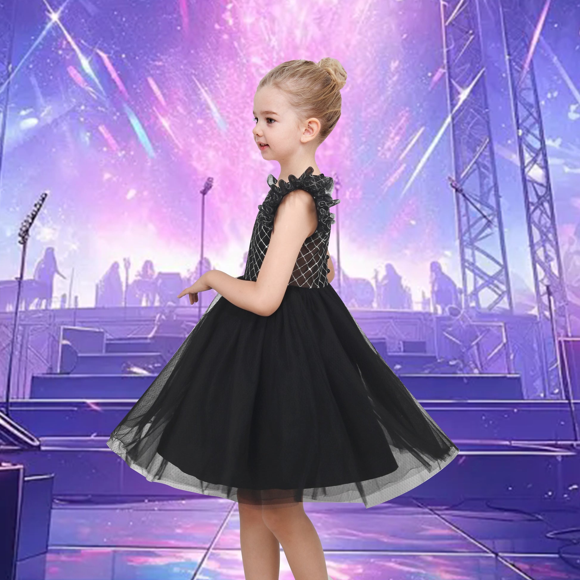 Girls Dress White Lace Mesh Diamond Pearl Flying Sleeve Formal Wedding Black