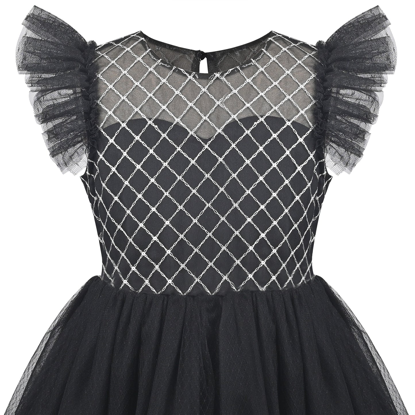 Girls Dress White Lace Mesh Diamond Pearl Flying Sleeve Formal Wedding Black