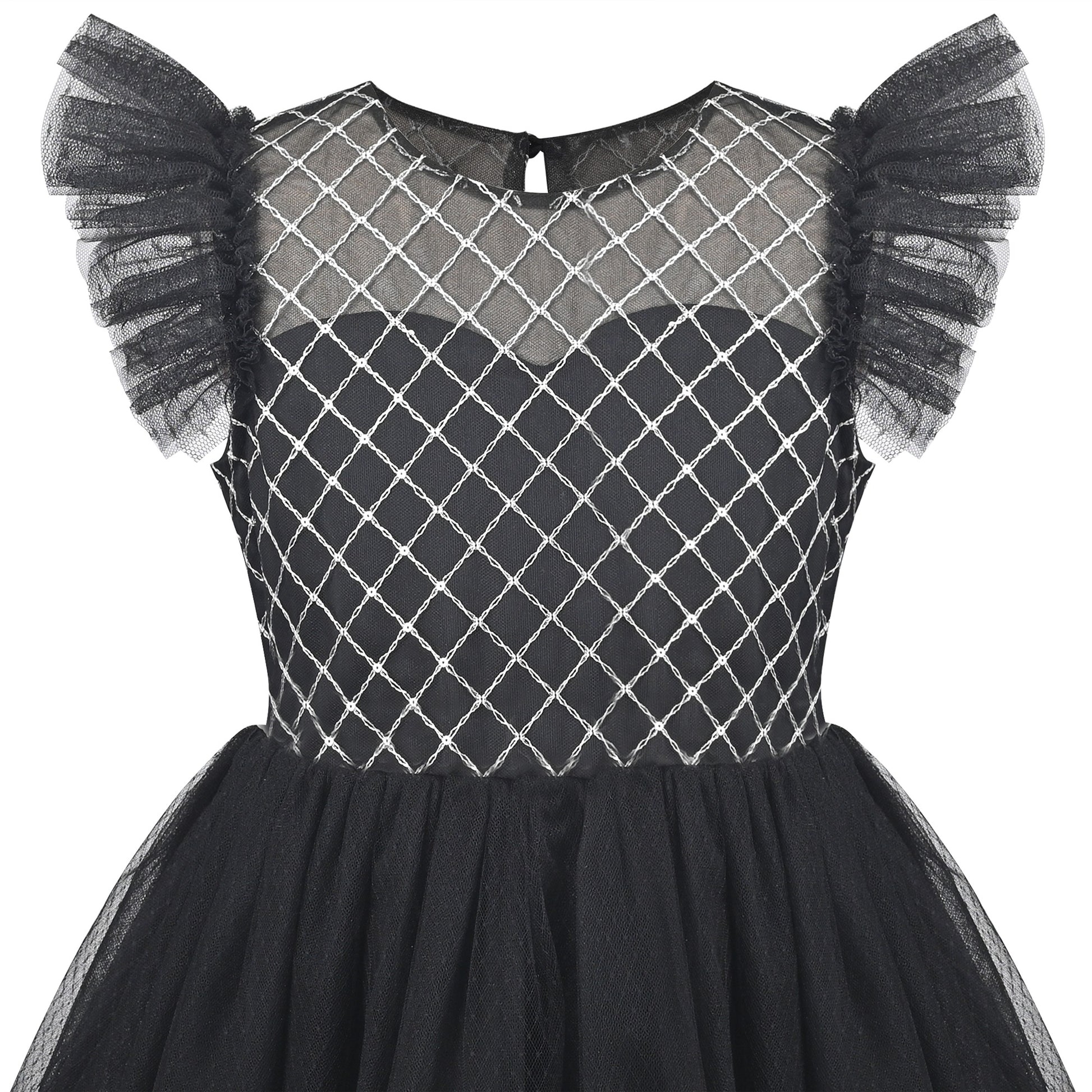 Girls Dress White Lace Mesh Diamond Pearl Flying Sleeve Formal Wedding Black