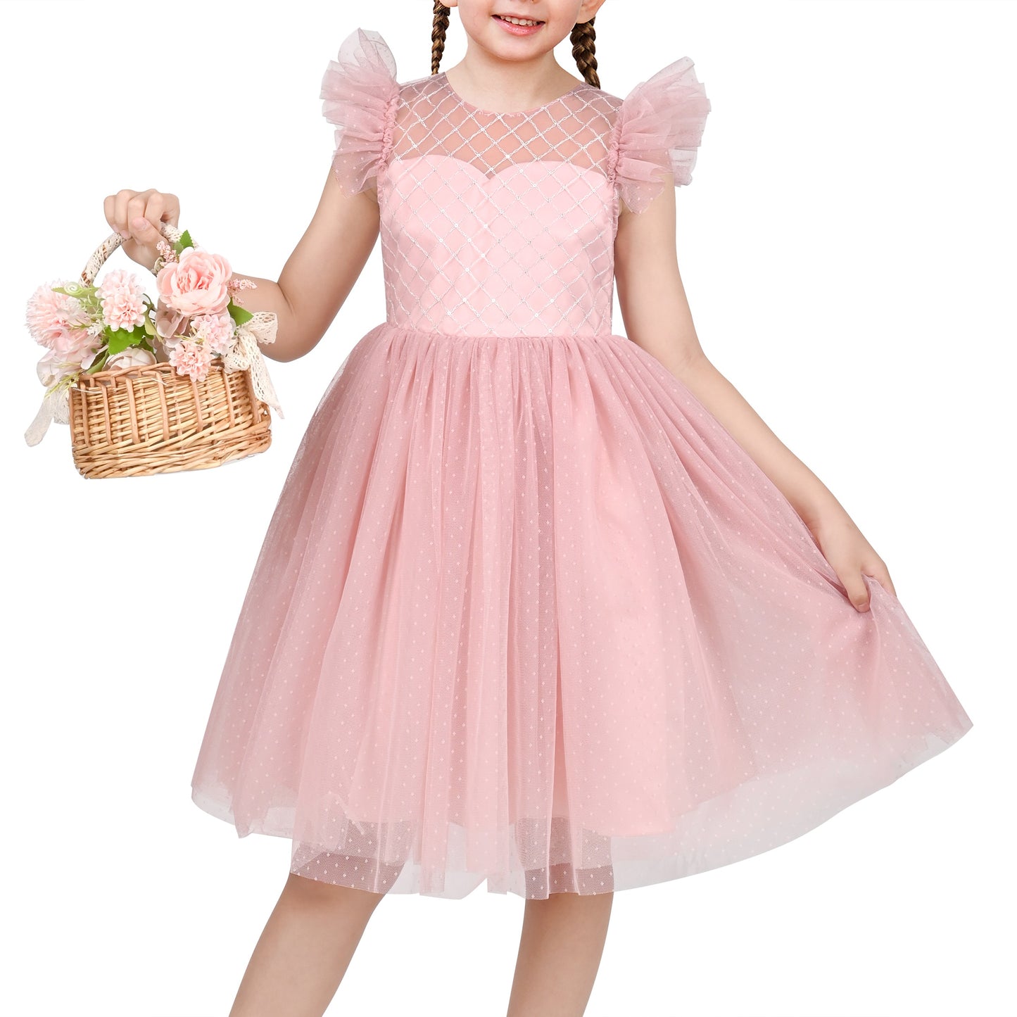 Girls Dress White Lace Mesh Diamond Pearl Flying Sleeve Formal Wedding Pink