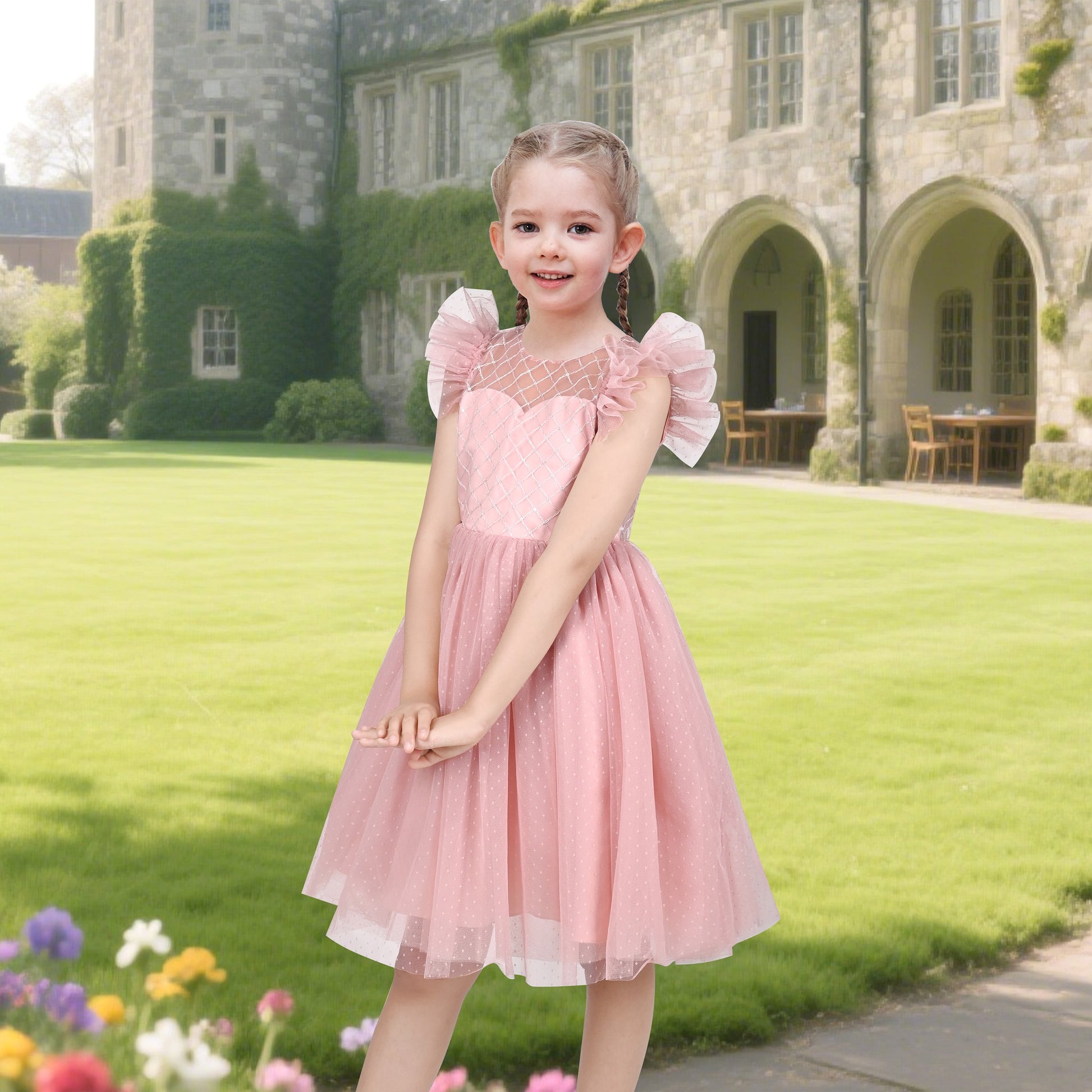 Girls Dress White Lace Mesh Diamond Pearl Flying Sleeve Formal Wedding Pink