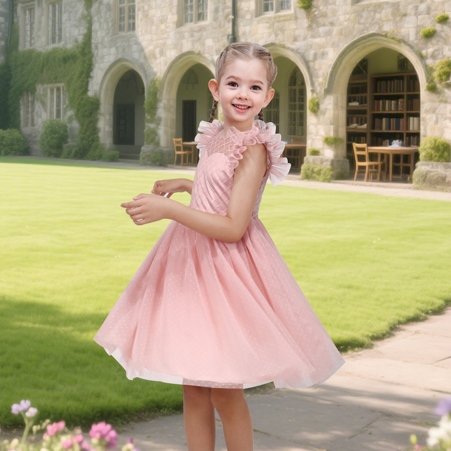 Girls Dress White Lace Mesh Diamond Pearl Flying Sleeve Formal Wedding Pink
