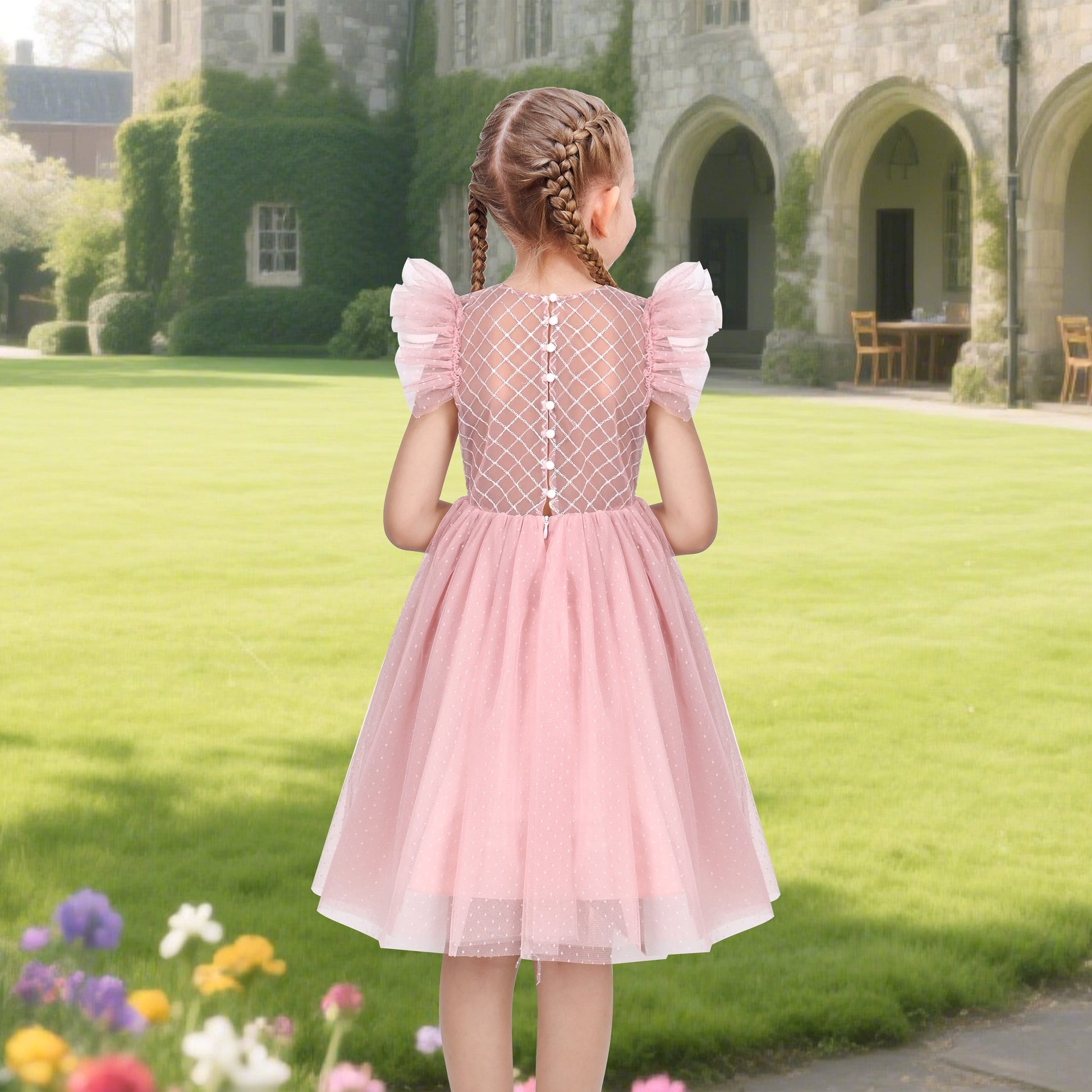 Girls Dress White Lace Mesh Diamond Pearl Flying Sleeve Formal Wedding Pink