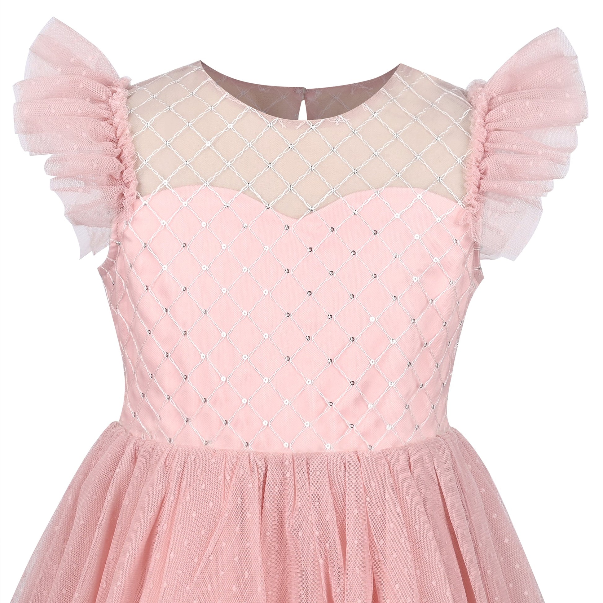 Girls Dress White Lace Mesh Diamond Pearl Flying Sleeve Formal Wedding Pink