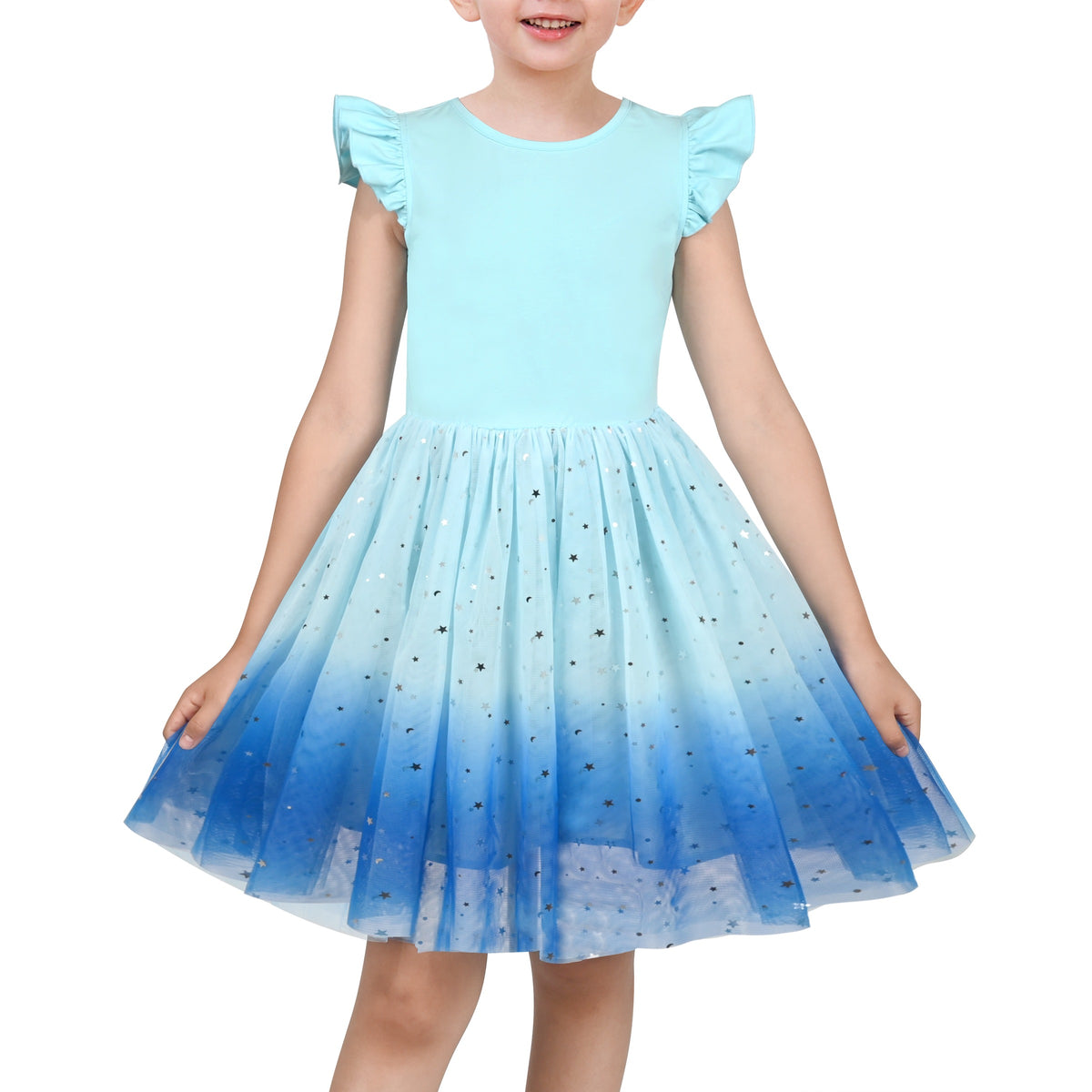 Girls Dress Tutu Skirt Cake Layered Grey Suspender Shiny Star Sleeveless - Blue Gradient