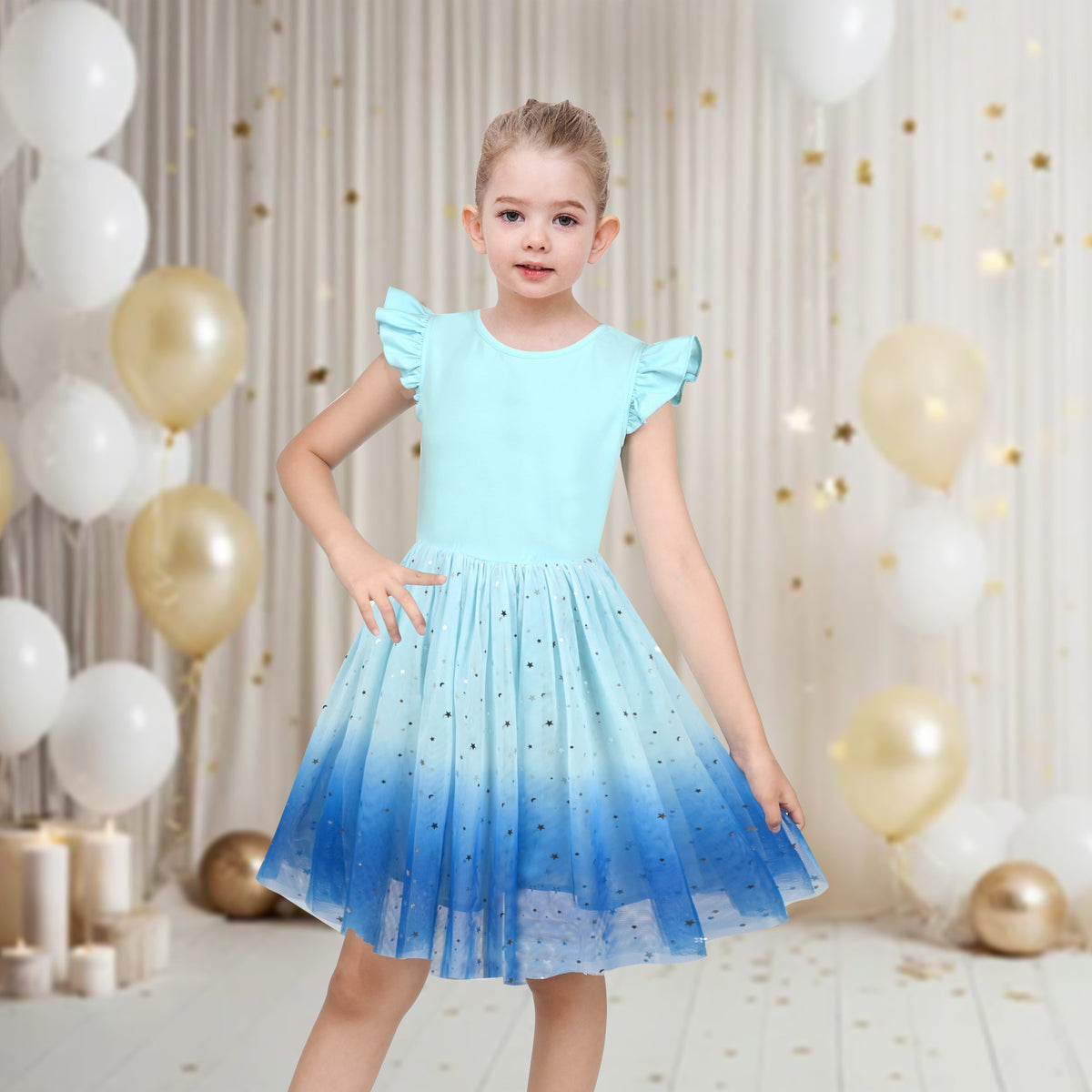 Girls Dress Tutu Skirt Cake Layered Grey Suspender Shiny Star Sleeveless - Blue Gradient