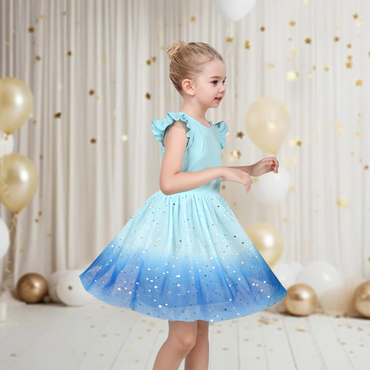 Girls Dress Tutu Skirt Cake Layered Grey Suspender Shiny Star Sleeveless - Blue Gradient