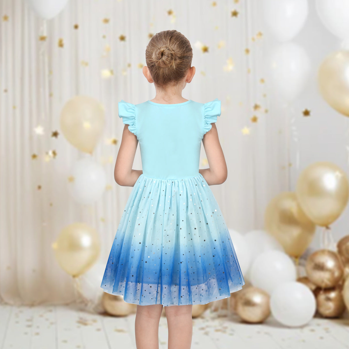 Girls Dress Tutu Skirt Cake Layered Grey Suspender Shiny Star Sleeveless - Blue Gradient