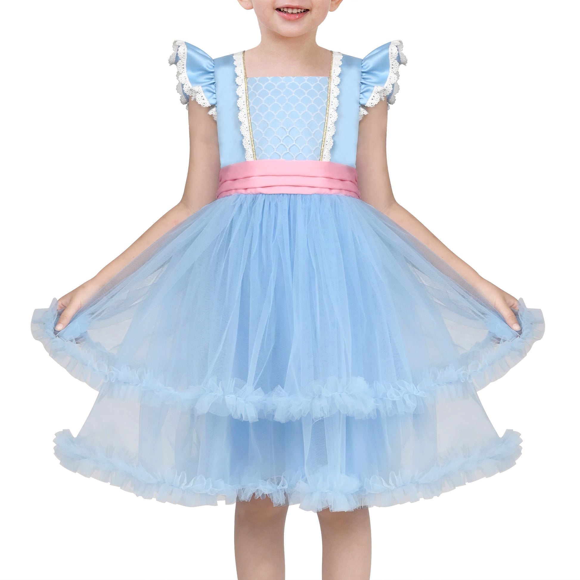 Girls Dress Western Cowgirl Flutter Belted Tiered Tulle Outfit Halloween Party Blue
