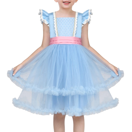 Girls Dress Western Cowgirl Flutter Belted Tiered Tulle Outfit Halloween Party Blue