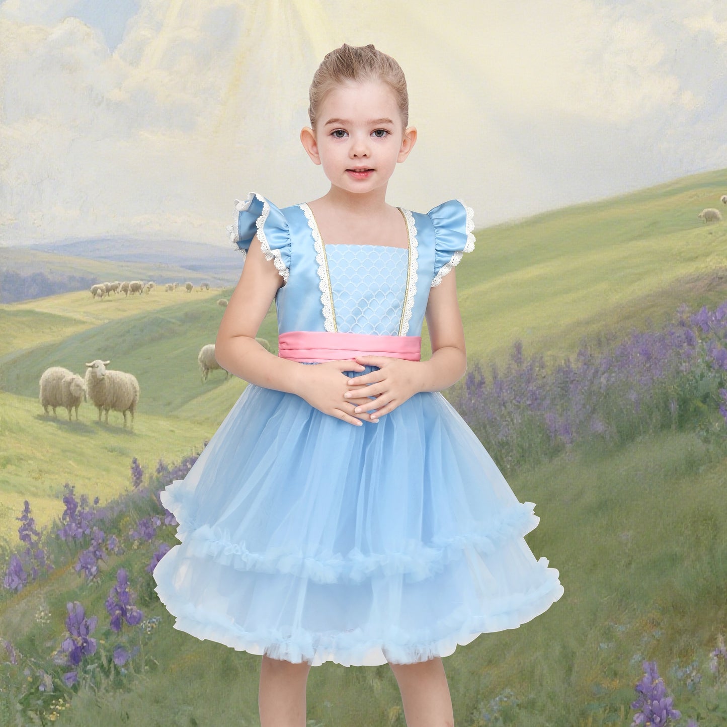 Girls Dress Western Cowgirl Flutter Belted Tiered Tulle Outfit Halloween Party Blue