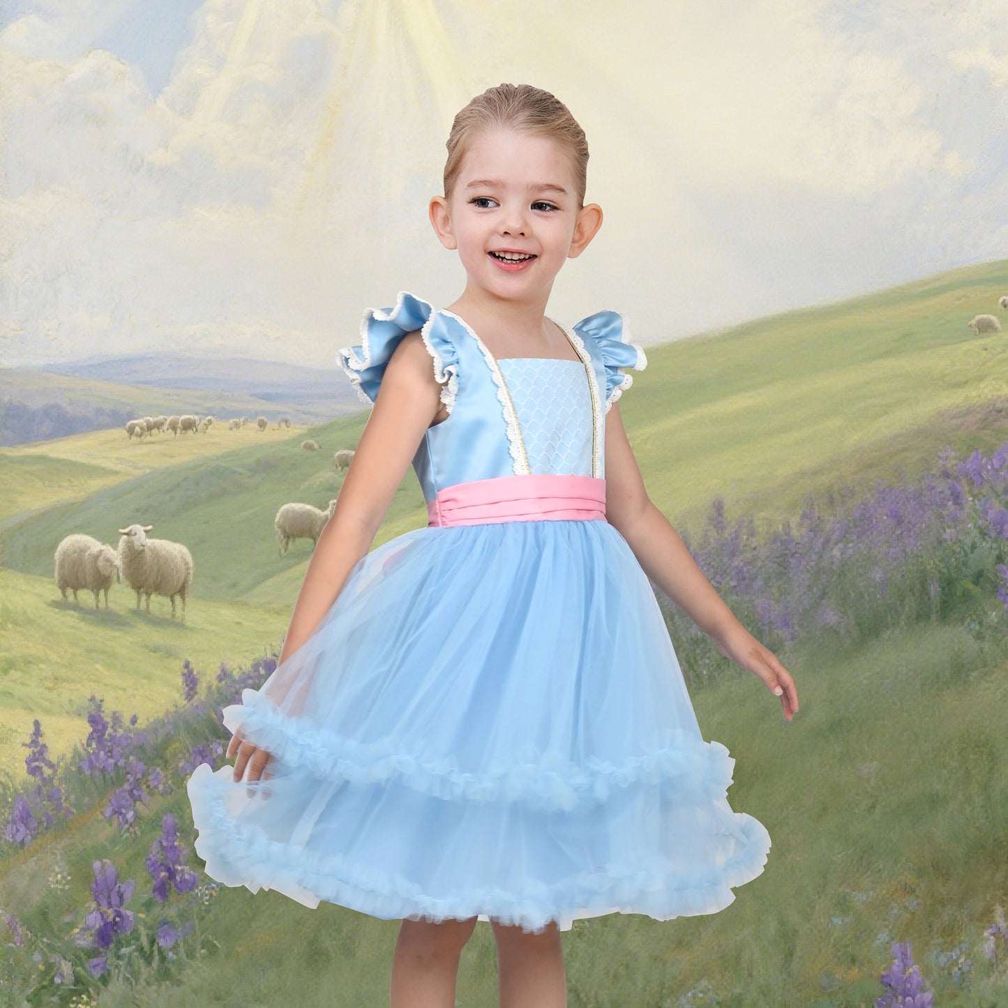 Girls Dress Western Cowgirl Flutter Belted Tiered Tulle Outfit Halloween Party Blue