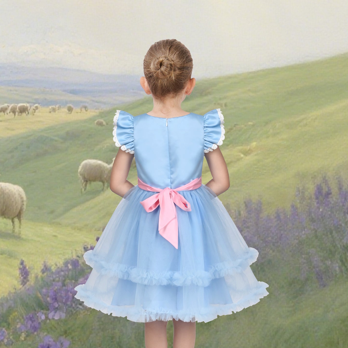 Girls Dress Western Cowgirl Flutter Belted Tiered Tulle Outfit Halloween Party Blue