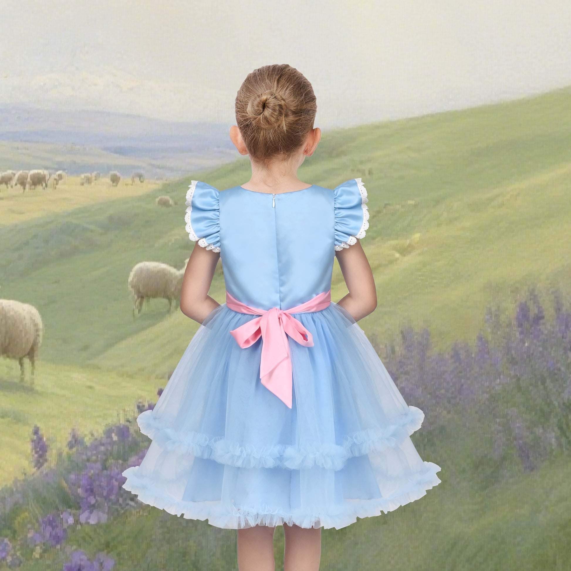 Girls Dress Western Cowgirl Flutter Belted Tiered Tulle Outfit Halloween Party Blue
