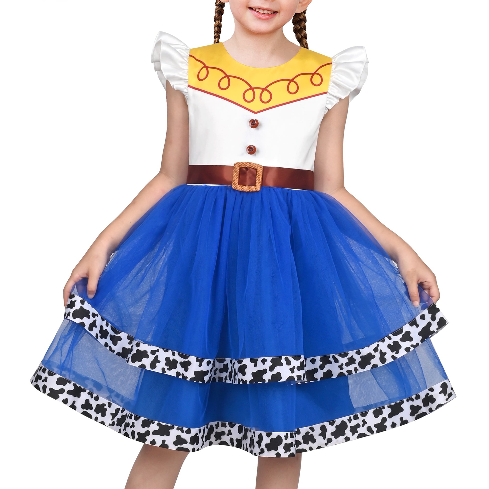 Girls Dress Western Cowgirl Flutter Belted Tiered Tulle Outfit Halloween Party Blue