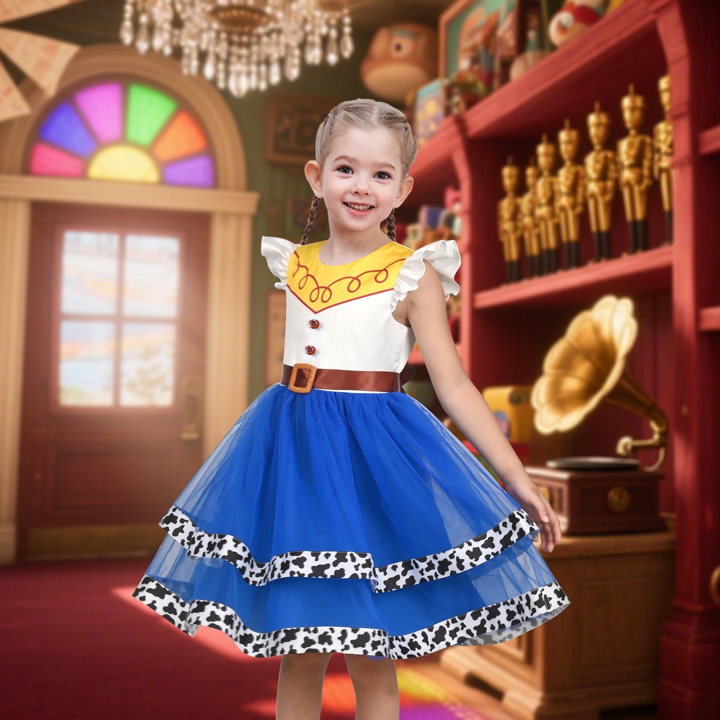 Girls Dress Western Cowgirl Flutter Belted Tiered Tulle Outfit Halloween Party Blue