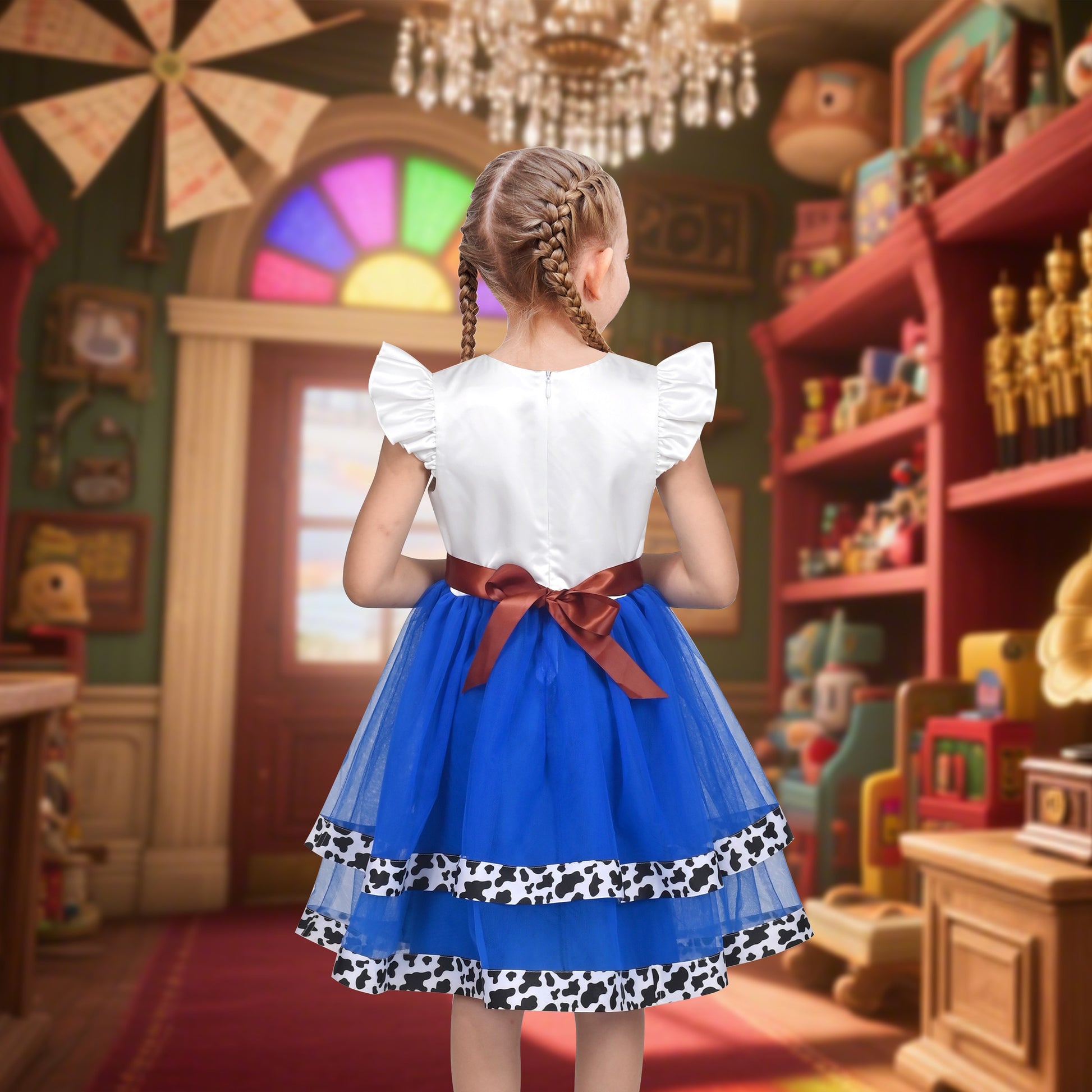 Girls Dress Western Cowgirl Flutter Belted Tiered Tulle Outfit Halloween Party Blue