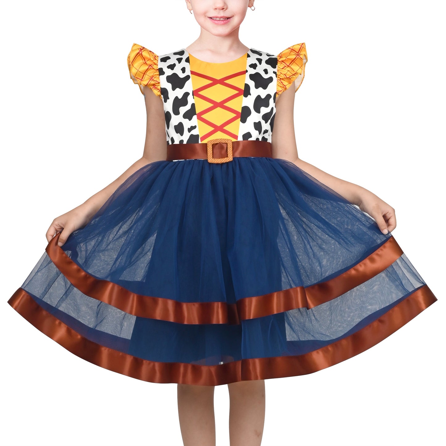 Girls Dress Western Cowgirl Flutter Belted Tiered Tulle Outfit Halloween Party Blue