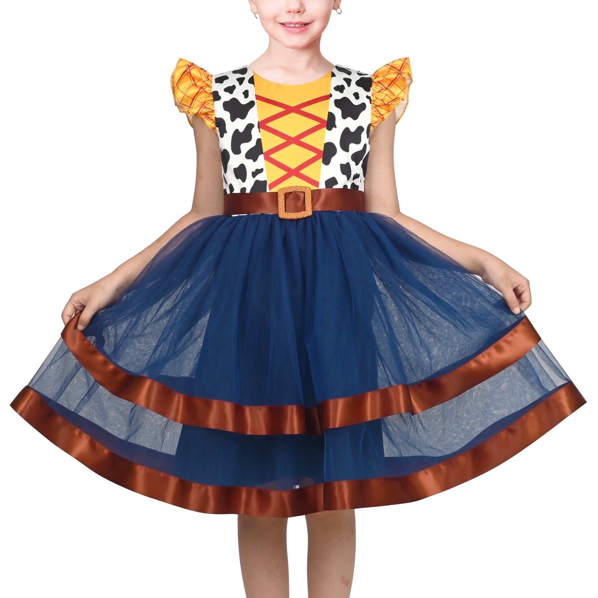 Girls Dress Western Cowgirl Flutter Belted Tiered Tulle Outfit Halloween Party Blue