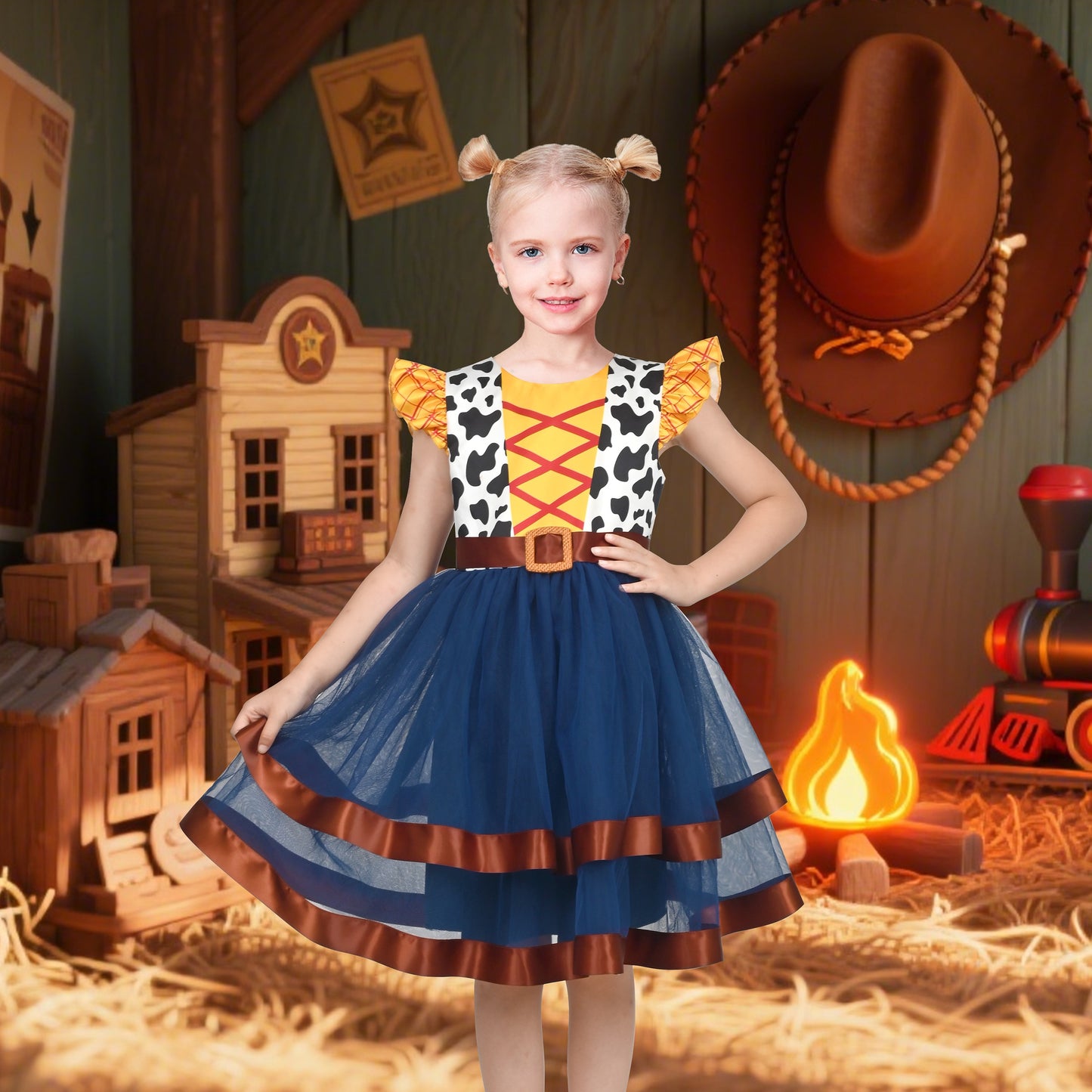 Girls Dress Western Cowgirl Flutter Belted Tiered Tulle Outfit Halloween Party Blue