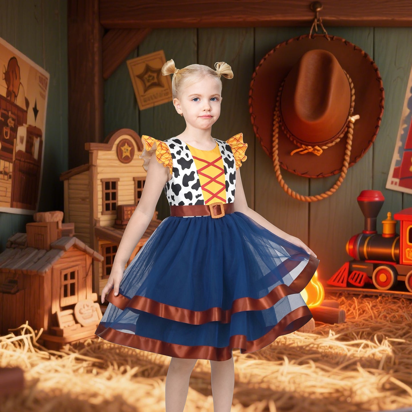 Girls Dress Western Cowgirl Flutter Belted Tiered Tulle Outfit Halloween Party Blue