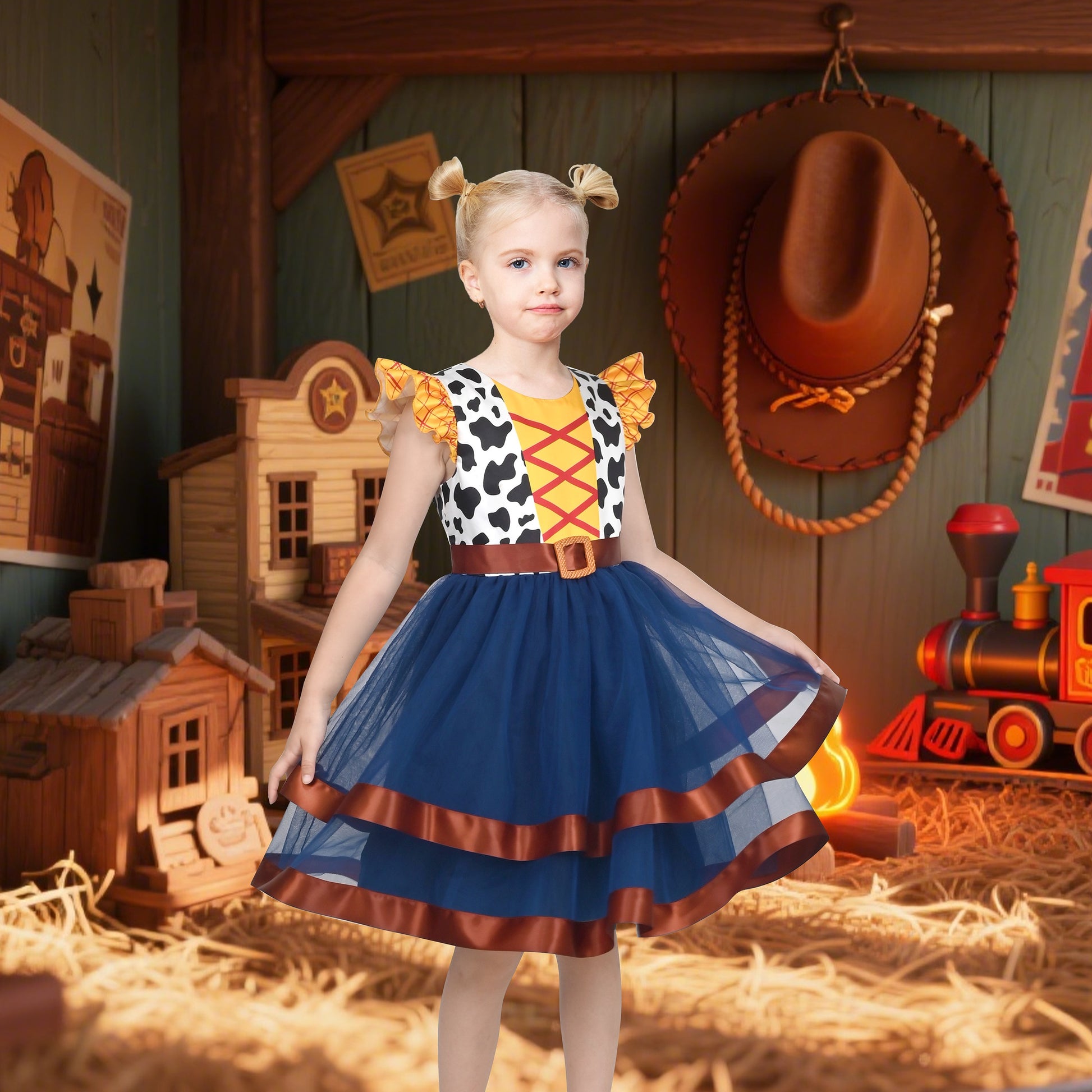 Girls Dress Western Cowgirl Flutter Belted Tiered Tulle Outfit Halloween Party Blue