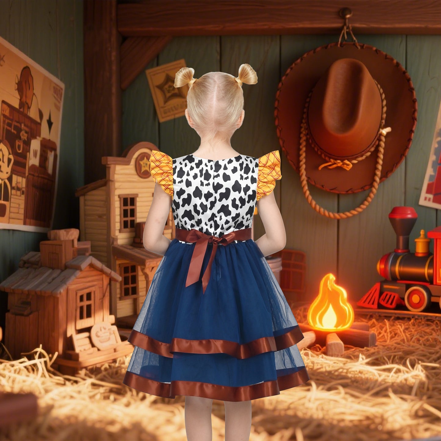 Girls Dress Western Cowgirl Flutter Belted Tiered Tulle Outfit Halloween Party Blue