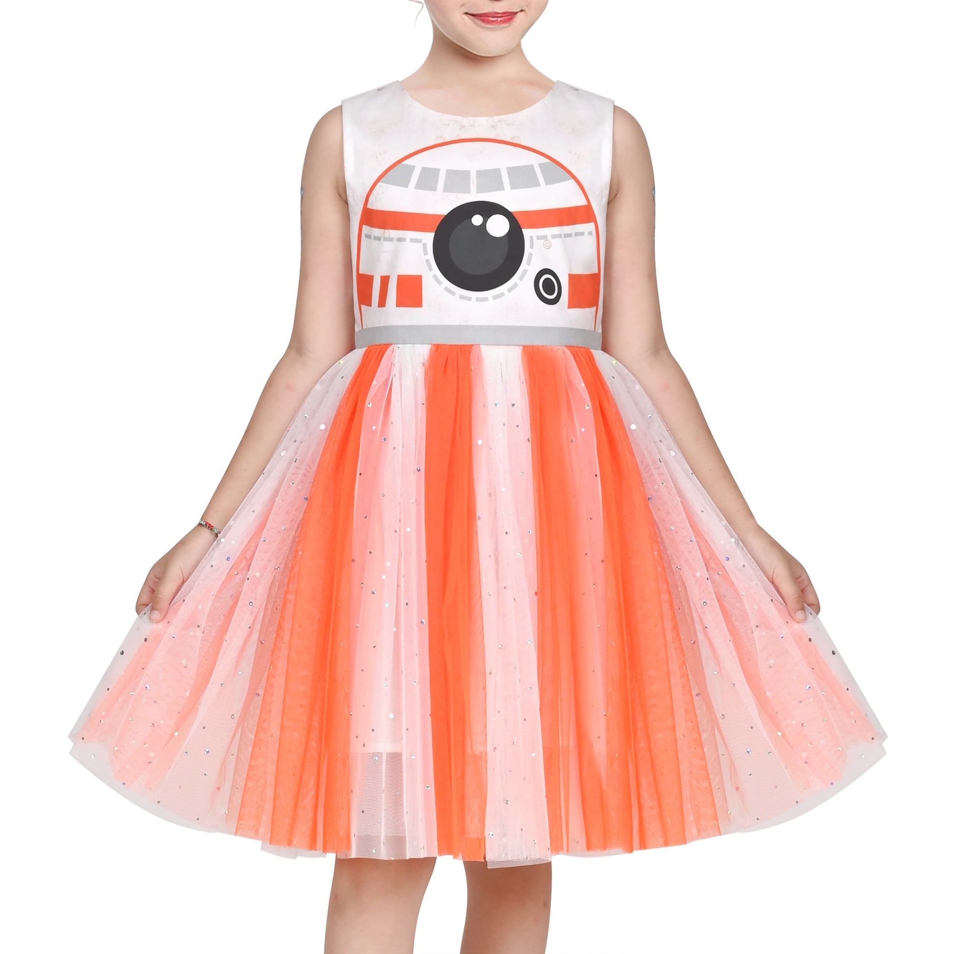 Girls Dress Glitter Tulle Cross Strap Star Moon Bow Belted Sleeveless Halloween Orange