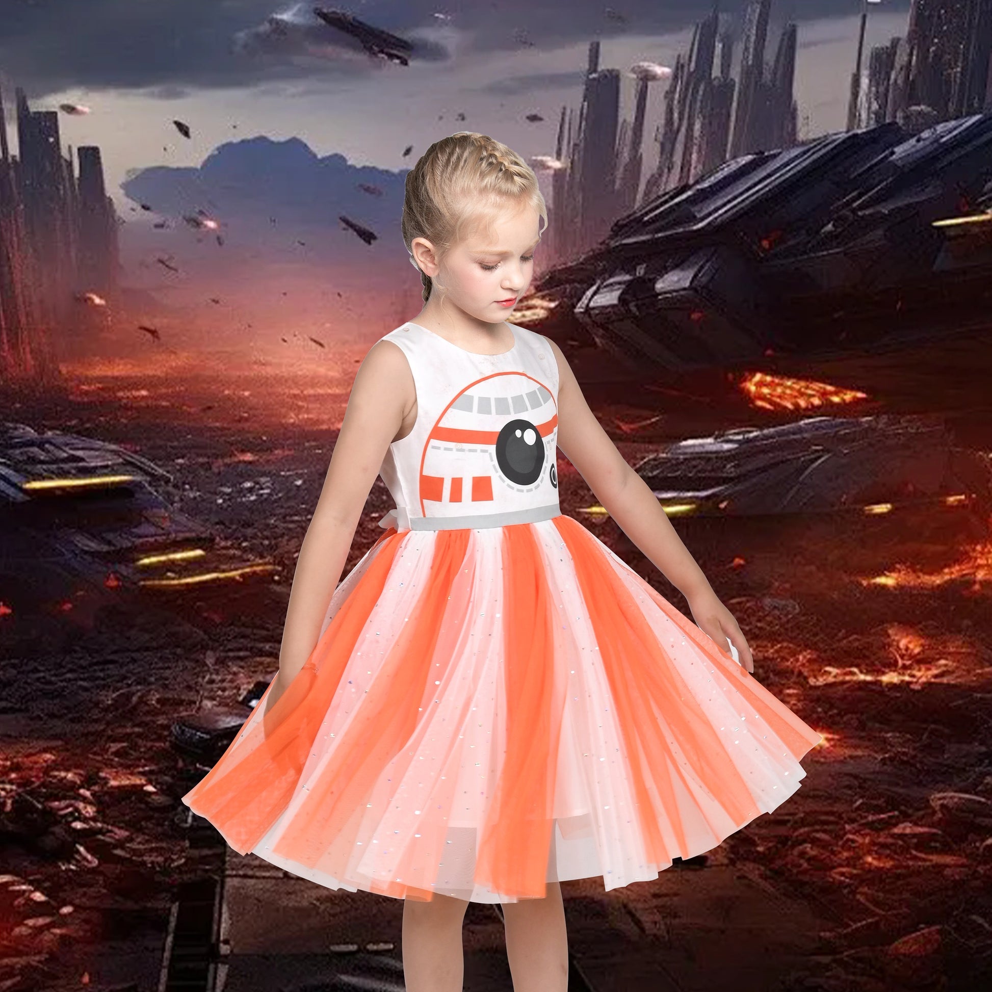 Girls Dress Glitter Tulle Cross Strap Star Moon Bow Belted Sleeveless Halloween Orange