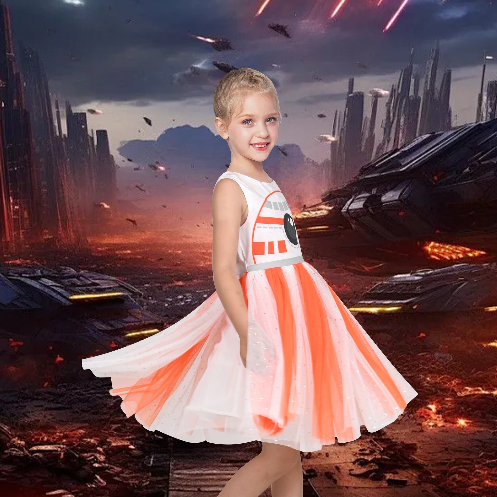 Girls Dress Glitter Tulle Cross Strap Star Moon Bow Belted Sleeveless Halloween Orange