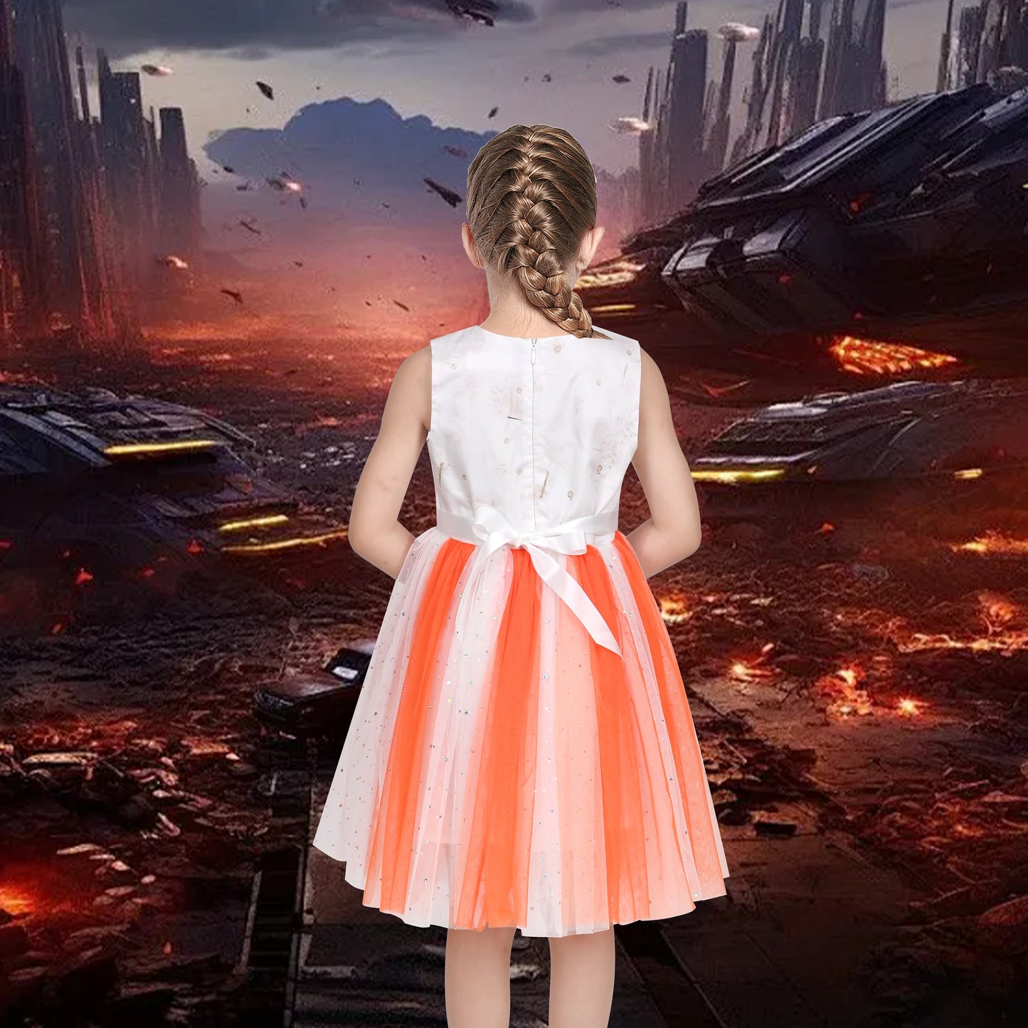 Girls Dress Glitter Tulle Cross Strap Star Moon Bow Belted Sleeveless Halloween Orange