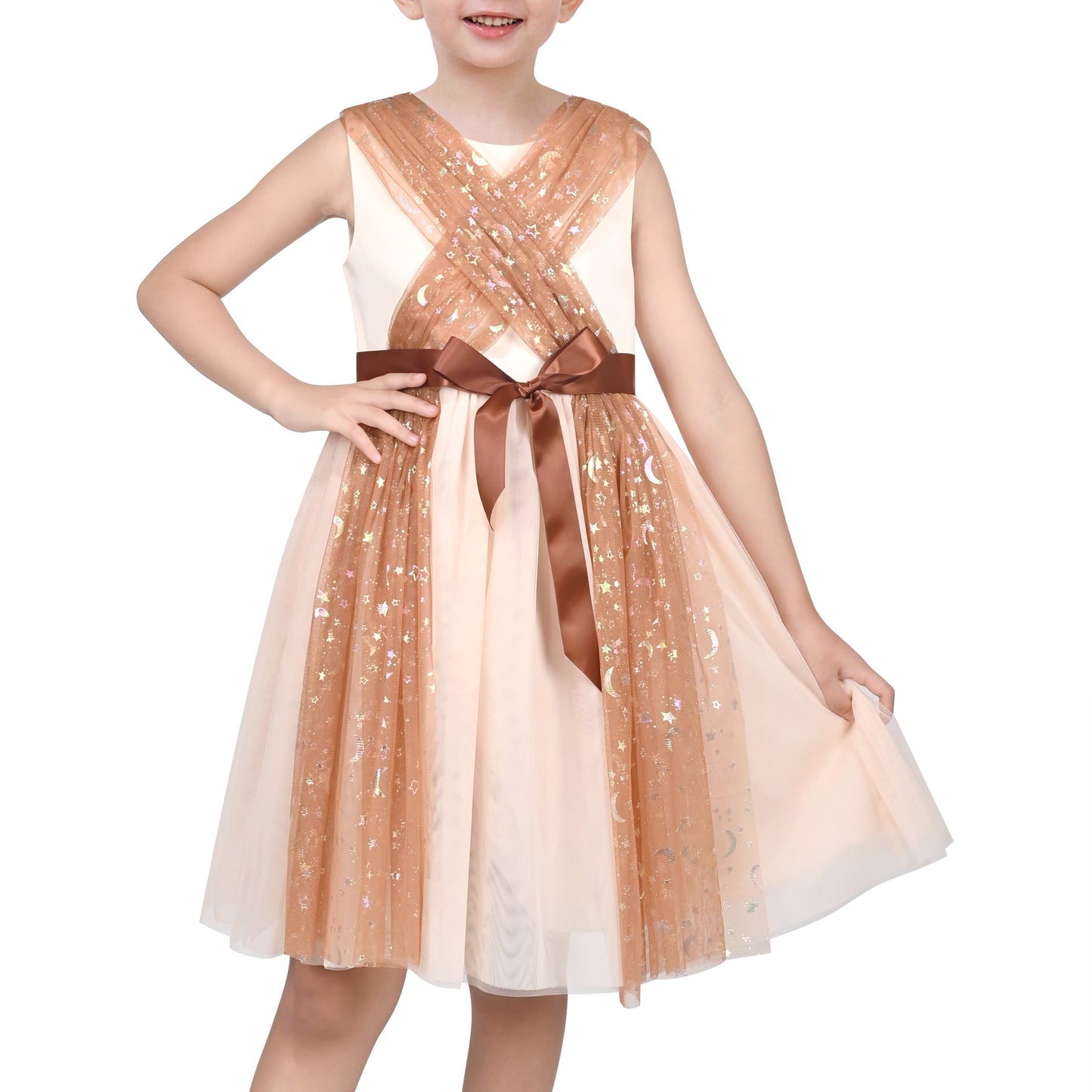 Girls Dress Glitter Tulle Cross Strap Star Moon Bow Belted Sleeveless Halloween Brown
