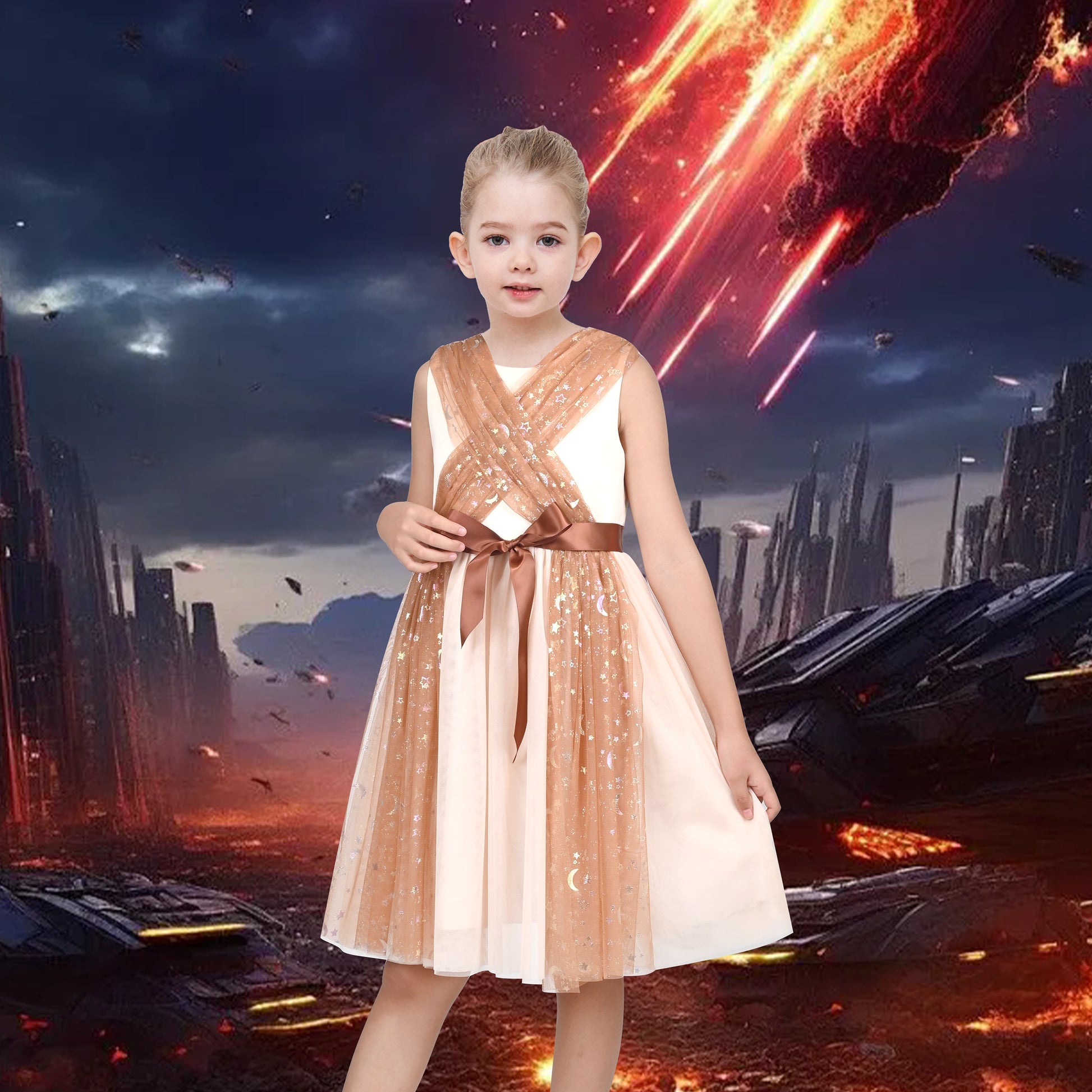 Girls Dress Glitter Tulle Cross Strap Star Moon Bow Belted Sleeveless Halloween Brown