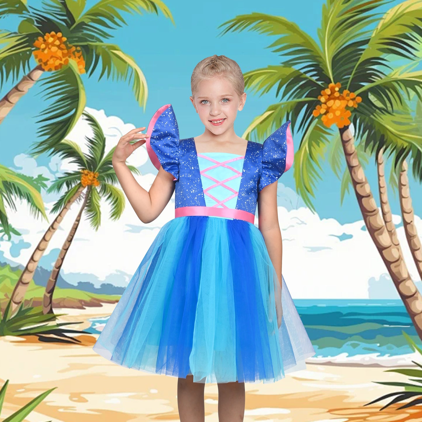 Girls Dress Red Blue Clown Check Heart Halloween Party Puff Sleeve Tulle Blue