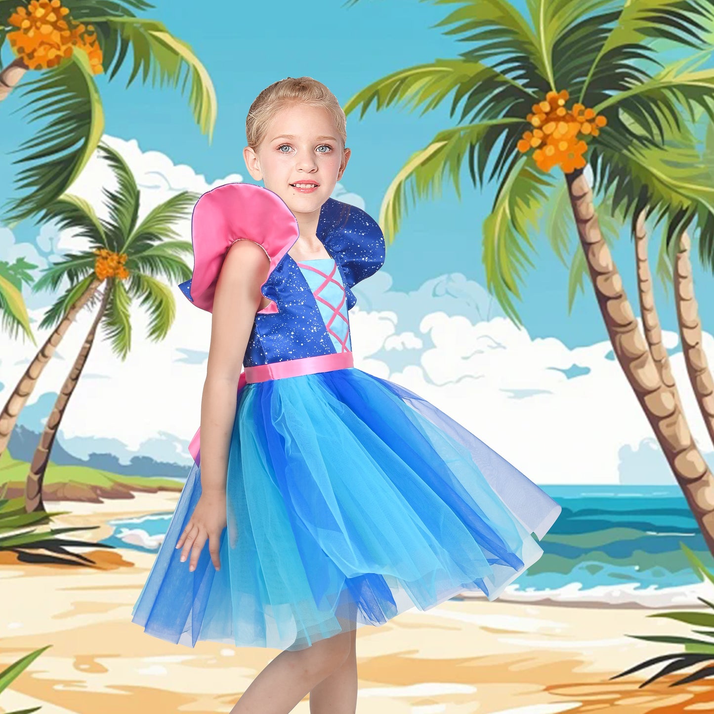 Girls Dress Red Blue Clown Check Heart Halloween Party Puff Sleeve Tulle Blue