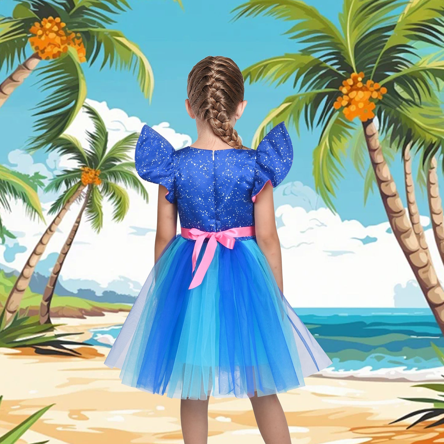Girls Dress Red Blue Clown Check Heart Halloween Party Puff Sleeve Tulle Blue