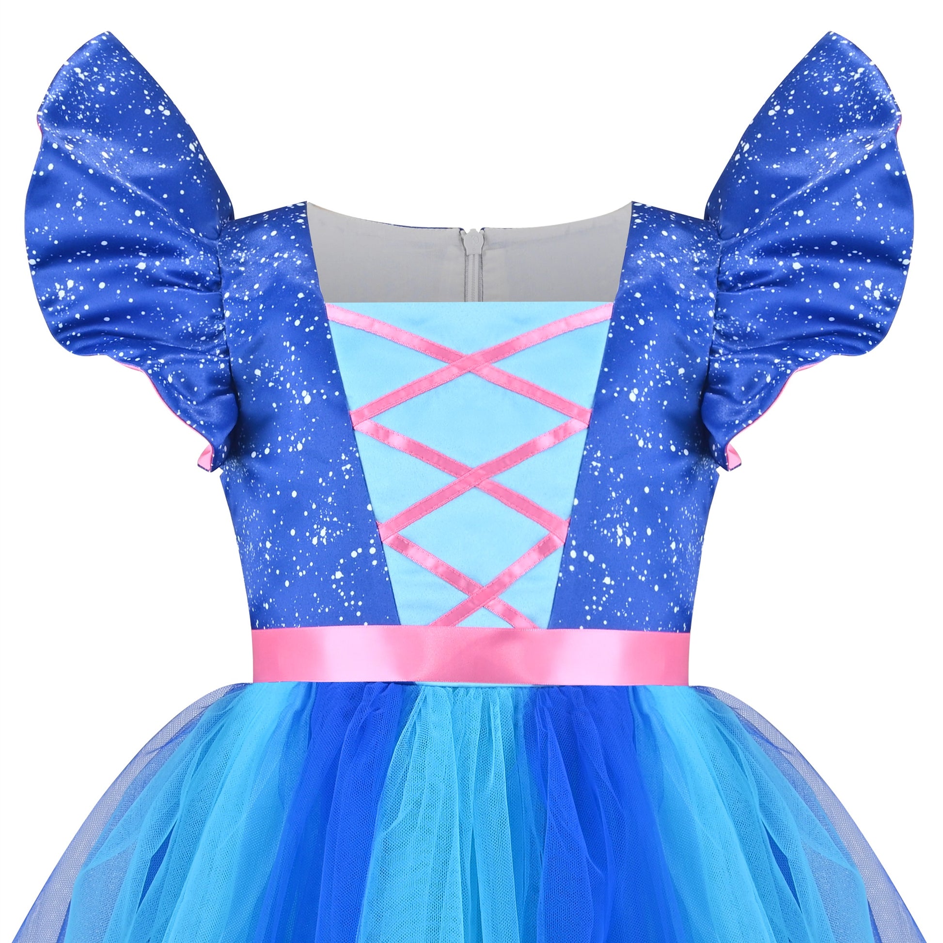 Girls Dress Red Blue Clown Check Heart Halloween Party Puff Sleeve Tulle Blue