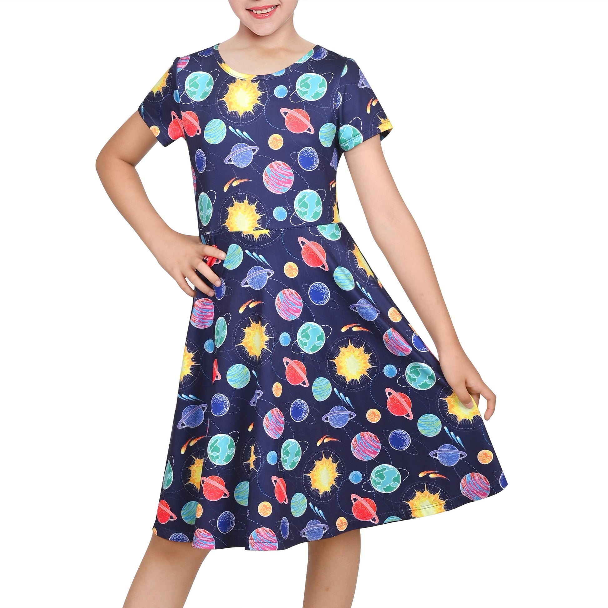 Girls Dress Blue Unicorn Short Sleeve Casual Dress Blue