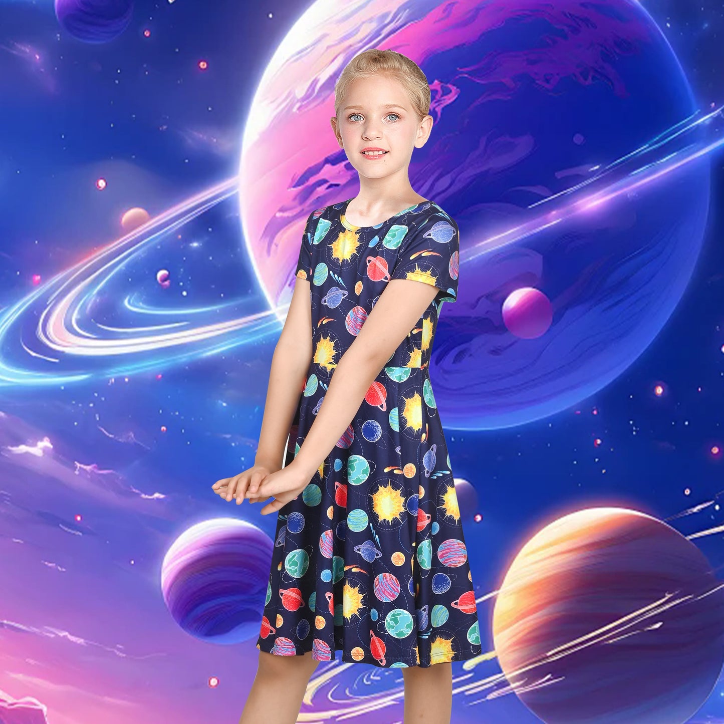 Girls Dress Blue Unicorn Short Sleeve Casual Dress Blue