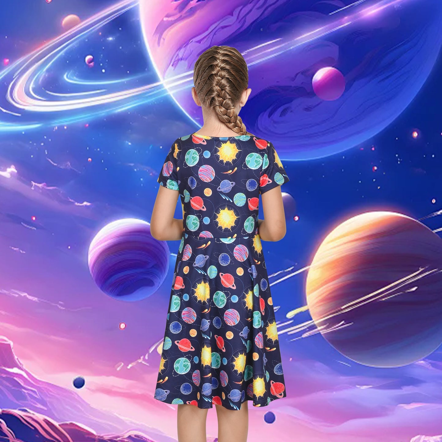 Girls Dress Blue Unicorn Short Sleeve Casual Dress Blue