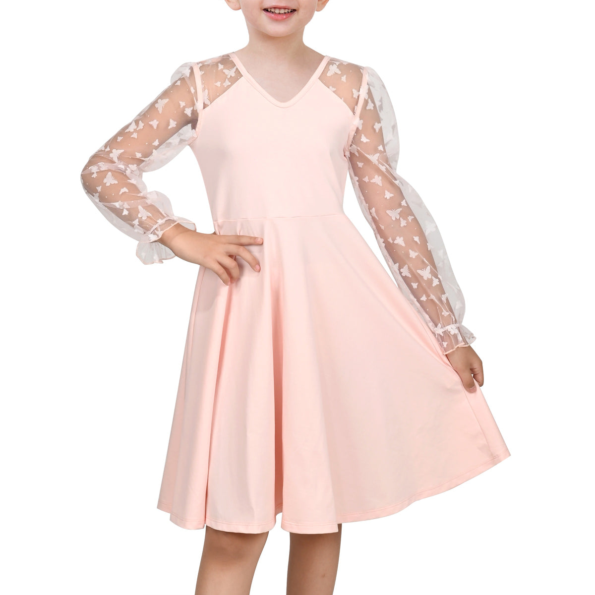 Girls Dress Black Floral Lace Sheer Mesh Long Sleeve Hollow V-back - Light Pink