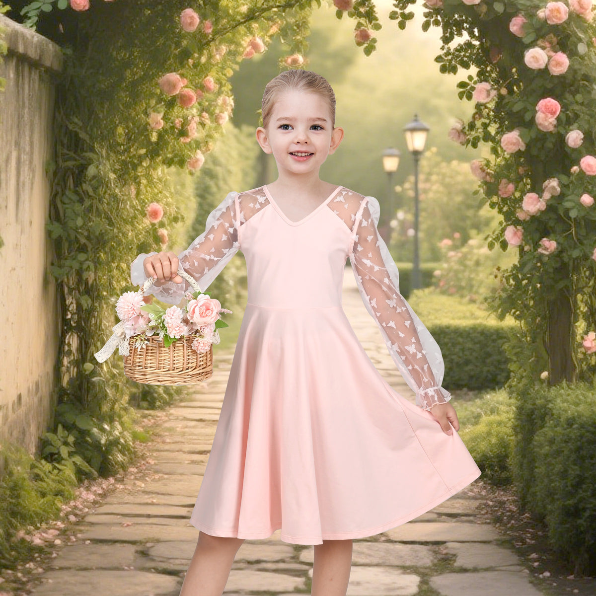 Girls Dress Black Floral Lace Sheer Mesh Long Sleeve Hollow V-back - Light Pink