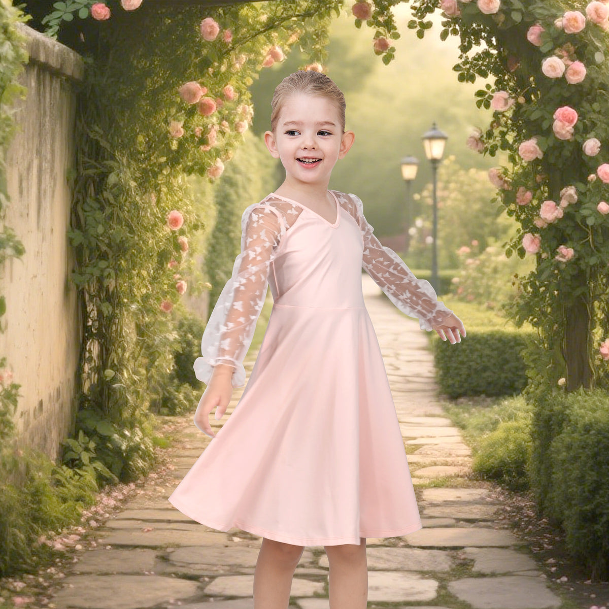 Girls Dress Black Floral Lace Sheer Mesh Long Sleeve Hollow V-back - Light Pink