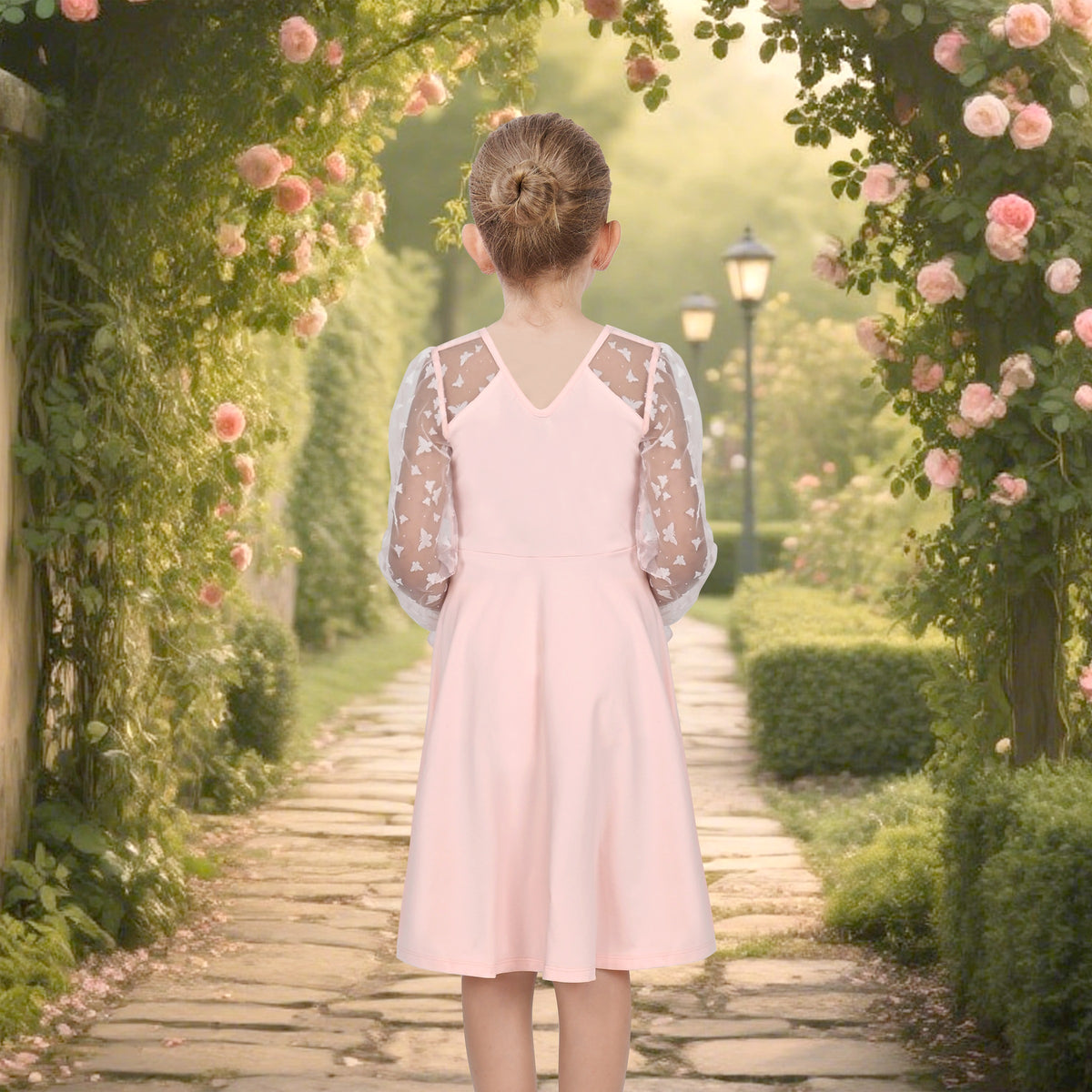 Girls Dress Black Floral Lace Sheer Mesh Long Sleeve Hollow V-back - Light Pink