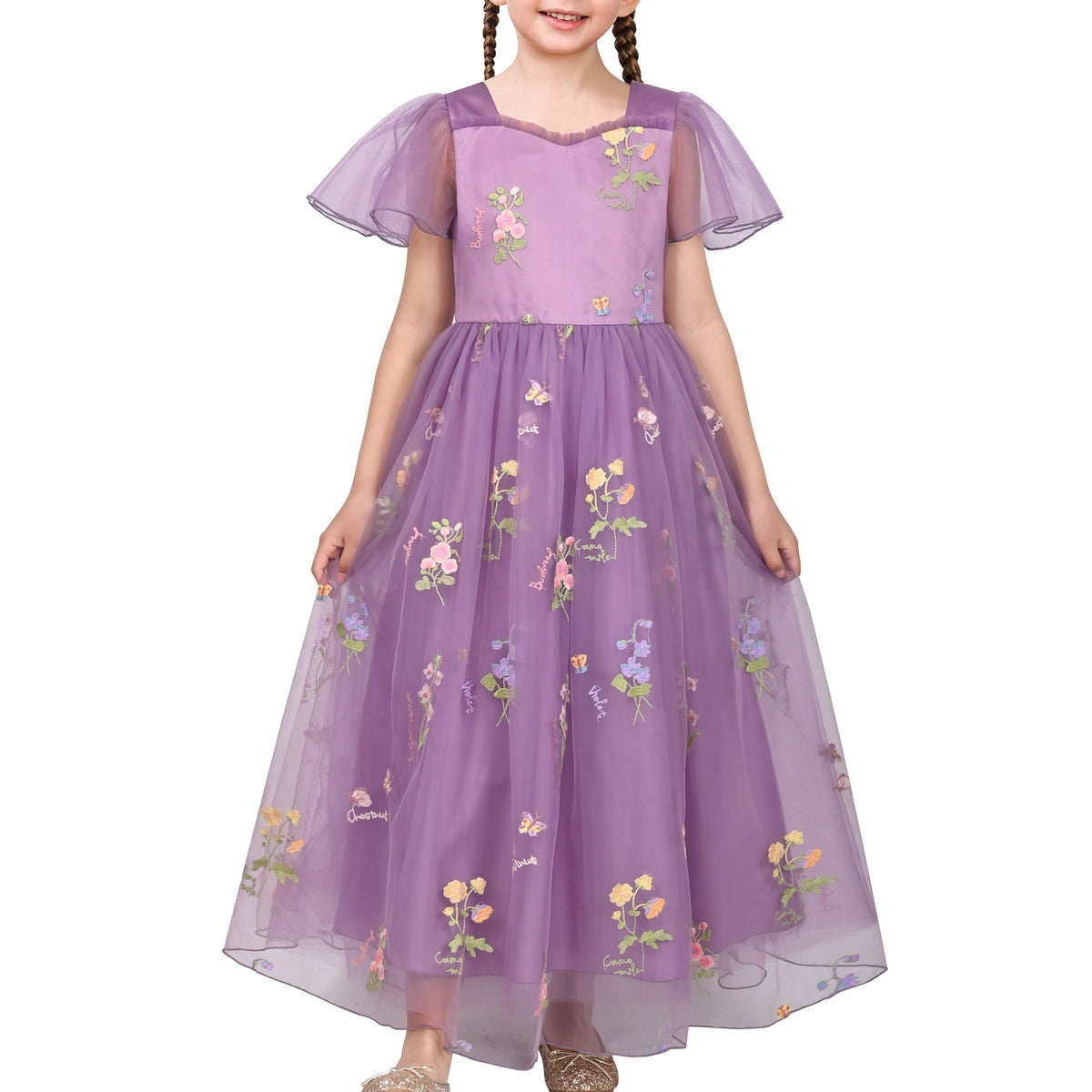 Girls Dress Blue Sequin Ruffle Collar Maxi Bow Tie Flare Short Sleeve - Purple Flower