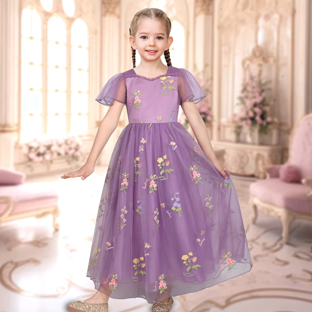 Girls Dress Blue Sequin Ruffle Collar Maxi Bow Tie Flare Short Sleeve - Purple Flower