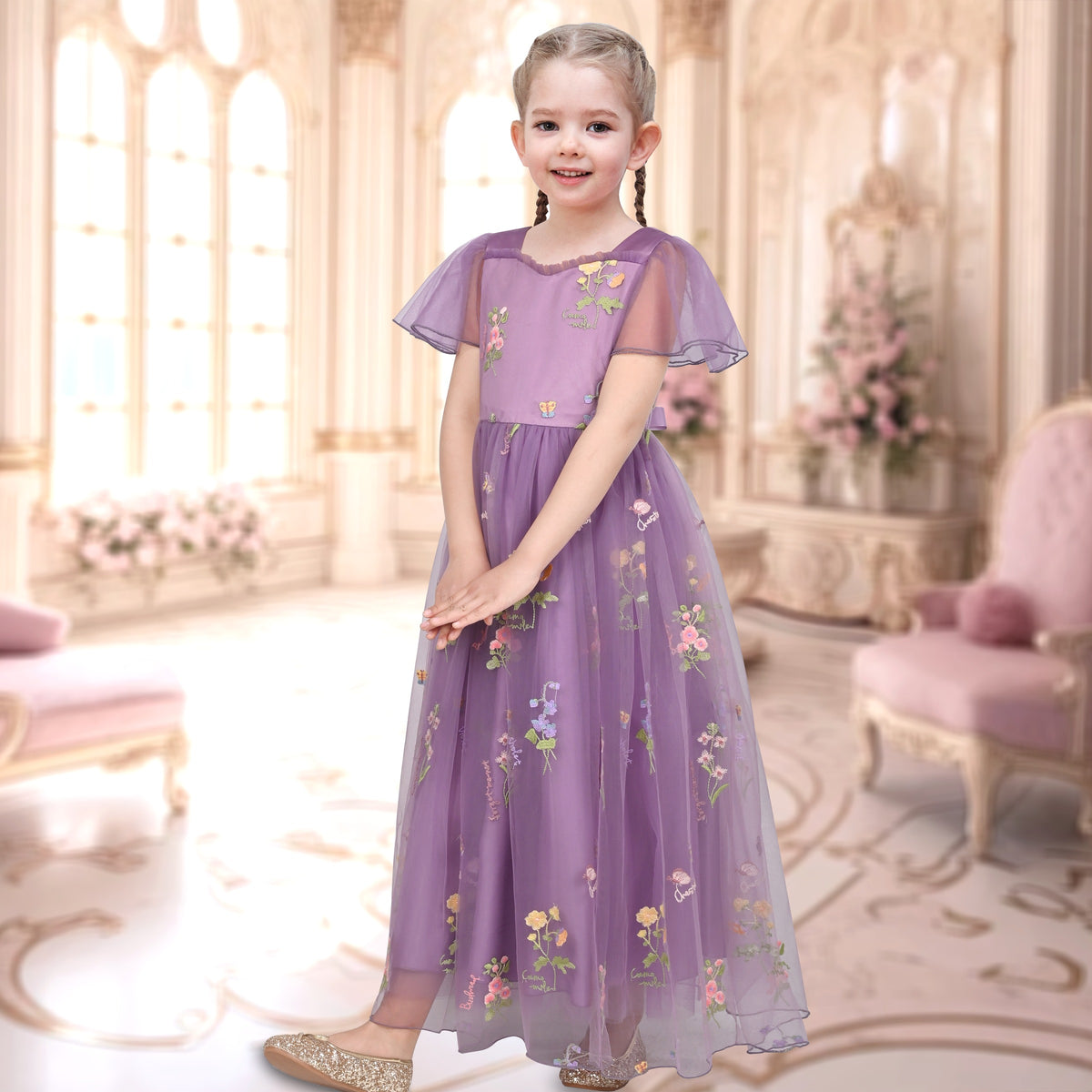 Girls Dress Blue Sequin Ruffle Collar Maxi Bow Tie Flare Short Sleeve - Purple Flower
